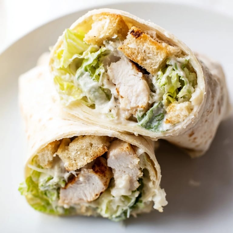 The Caesar Chicken Salad Wrap is sliced in half to reveal layers of grilled chicken, Caesar dressing, and crunchy croutons.