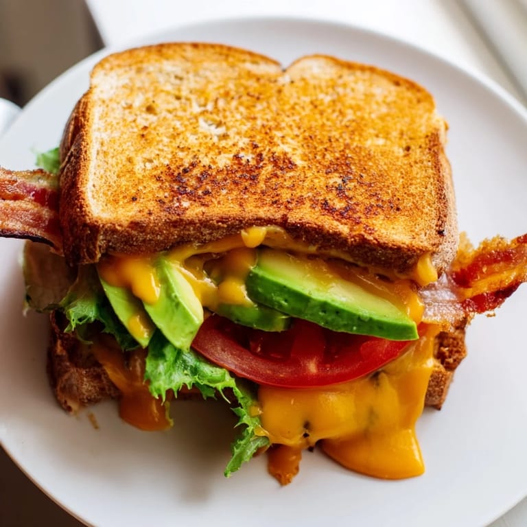 A close-up of a toasted Avocado BLT Grilled Cheese sandwich with creamy avocado, fresh lettuce, and sizzling bacon.