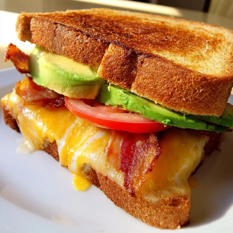 Warm Avocado BLT Grilled Cheese halves stacked on a plate, garnished with black pepper and ready to serve.