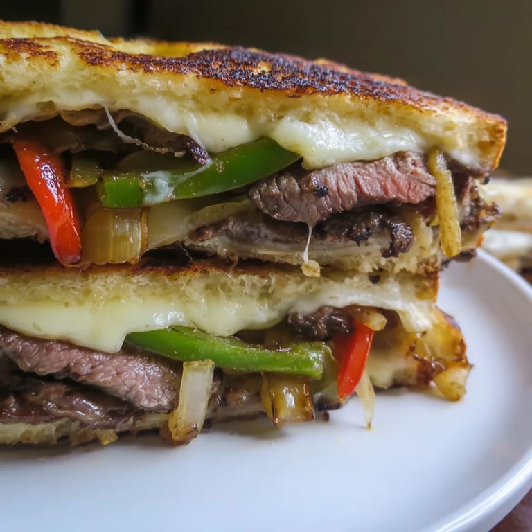Philly cheesesteak grilled cheese halves rest on a wooden board, showing layers of savory steak and veggies.
