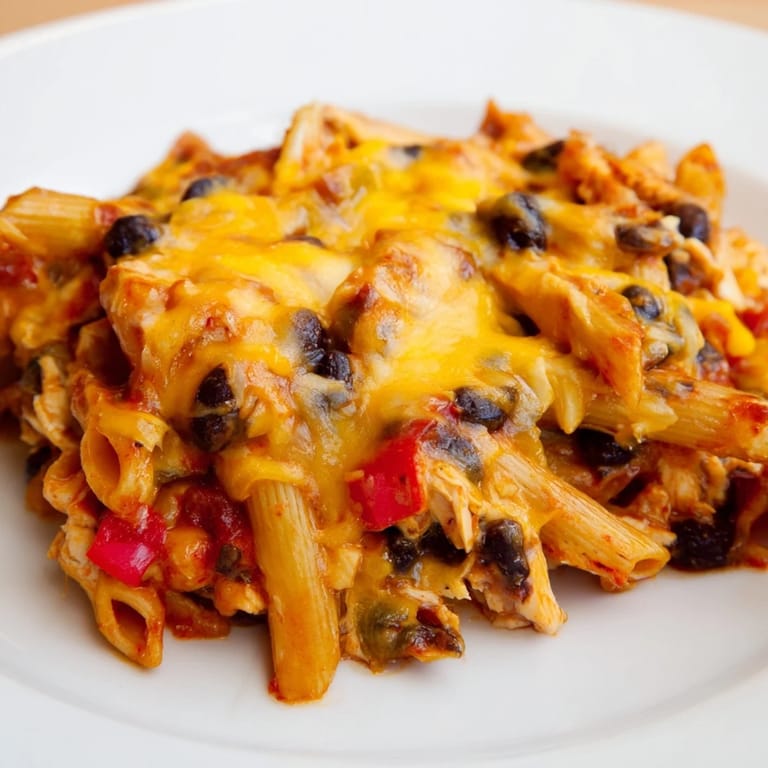 A hearty serving of Chicken Enchilada Pasta topped with fresh cilantro and diced avocado.