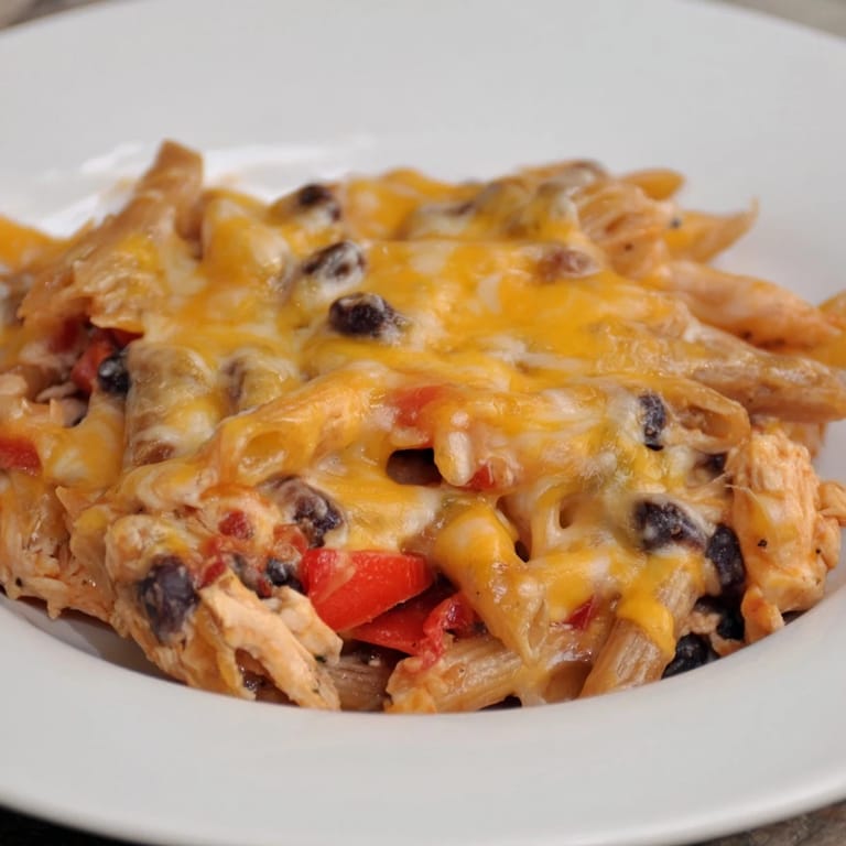 Close-up of Chicken Enchilada Pasta with shredded chicken, black beans, and penne in rich sauce.