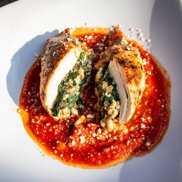 Golden seared chicken with spinach ricotta filling, served hot over marinara in a rustic skillet.  