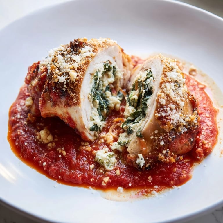 Flavorful Italian-style stuffed chicken in tomato sauce, garnished with fresh basil and Parmesan cheese.