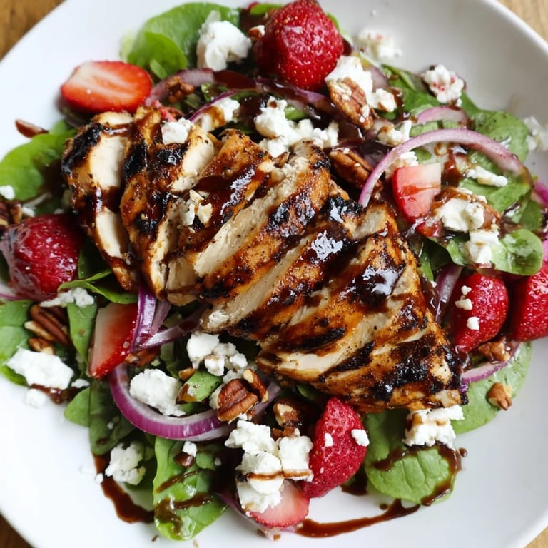 A vibrant salad with tender chicken, sweet strawberries, creamy goat cheese, and toasted pecans, tossed in a luscious honey balsamic dressing.  