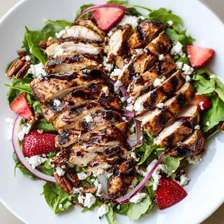 Sliced grilled chicken rests on fresh greens with strawberries, red onion, and goat cheese, finished with a glossy honey balsamic drizzle.