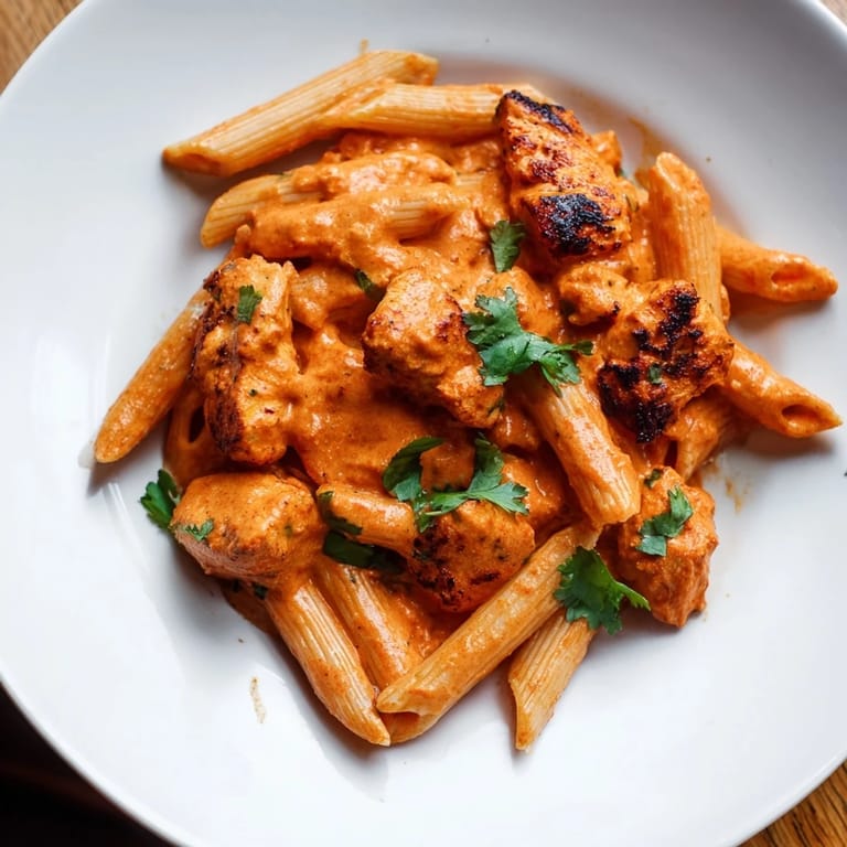 A vibrant plate of Chicken Tikka Pasta featuring tender grilled chicken and rich, aromatic sauce.  