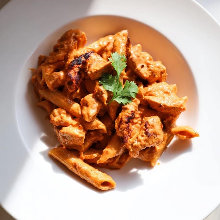 Hearty Chicken Tikka Pasta served hot, blending Indian spices with Italian-style penne for dinner.