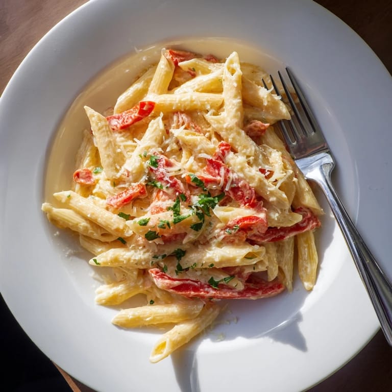 A bowl of Creamy Cajun Pasta topped with extra Parmesan, ready to be paired with a chilled glass of crisp white wine.