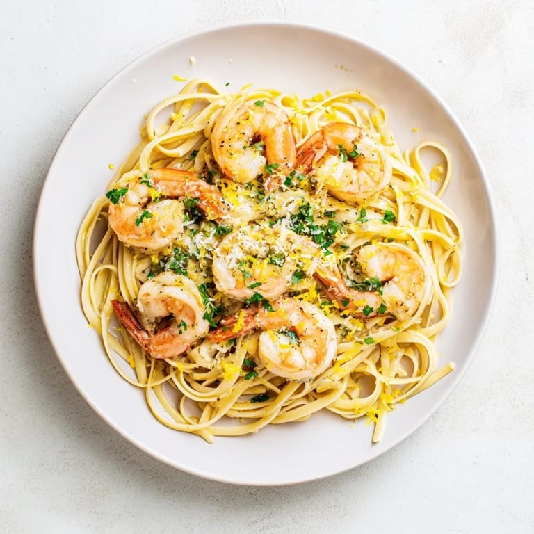 A close-up of garlic butter shrimp linguine shows a rich, buttery sauce clinging to perfectly cooked noodles, topped with lemon zest.