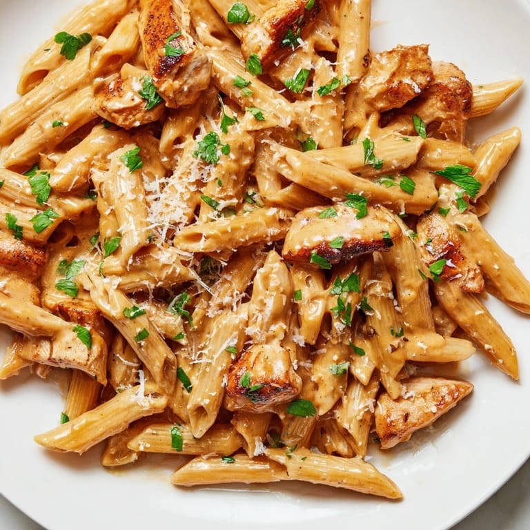 A close-up of tender sliced chicken nestled in ridged penne pasta, drenched in a glossy, reddish-orange honey chipotle cream sauce and garnished with cilantro.