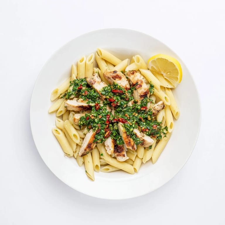 Tender grilled chicken and al dente pasta coated in a zesty homemade chimichurri sauce, perfect for a weeknight dinner.