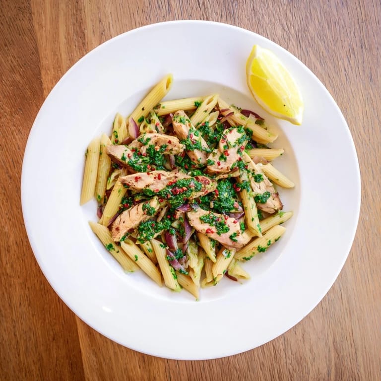 A close-up of Chimichurri Chicken Pasta featuring juicy chicken, fresh parsley, and a drizzle of herbaceous sauce.