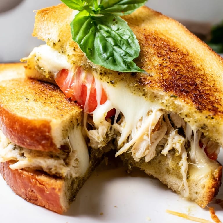 Close-up of Mozzarella Pesto Chicken Grilled Cheese with gooey mozzarella and fresh basil leaves on a rustic cutting board.