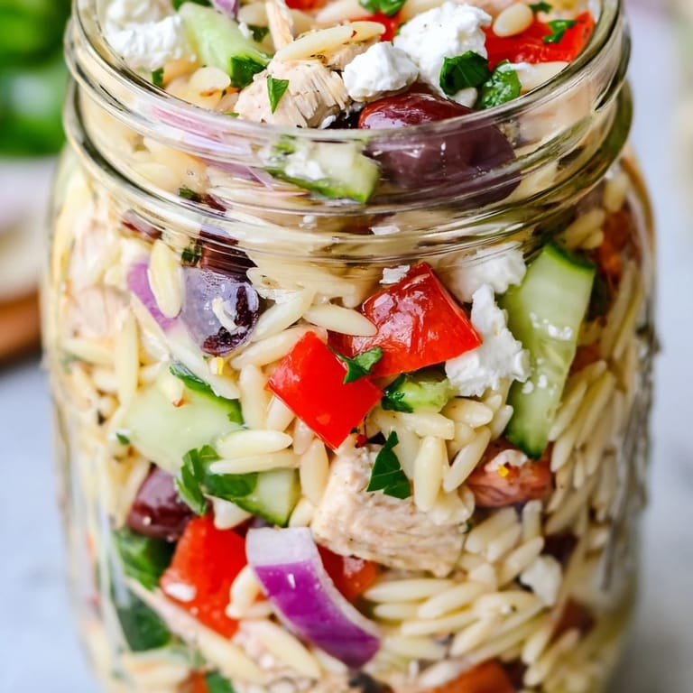 A top-down view of a Greek Pasta Chicken Salad Jar, showcasing fresh parsley, Kalamata olives, and a vibrant red wine vinaigrette coating the ingredients.