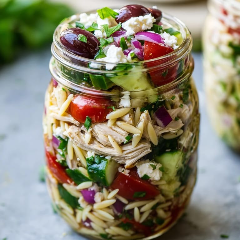 Serving suggestion for a Greek Pasta Chicken Salad Jar, ready to eat with a fork, perfect for a Mediterranean-inspired lunch on the go.