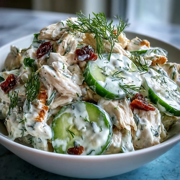 Close-up of refreshing Cucumber Chicken Salad, showcasing creamy dill dressing and crisp ingredients.