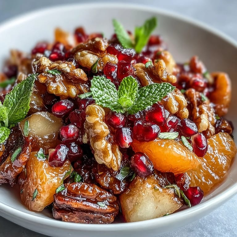 Seasonal Pomegranate and Walnut Salad with diced apples, pears, and orange segments, ready for a refreshing lunch.