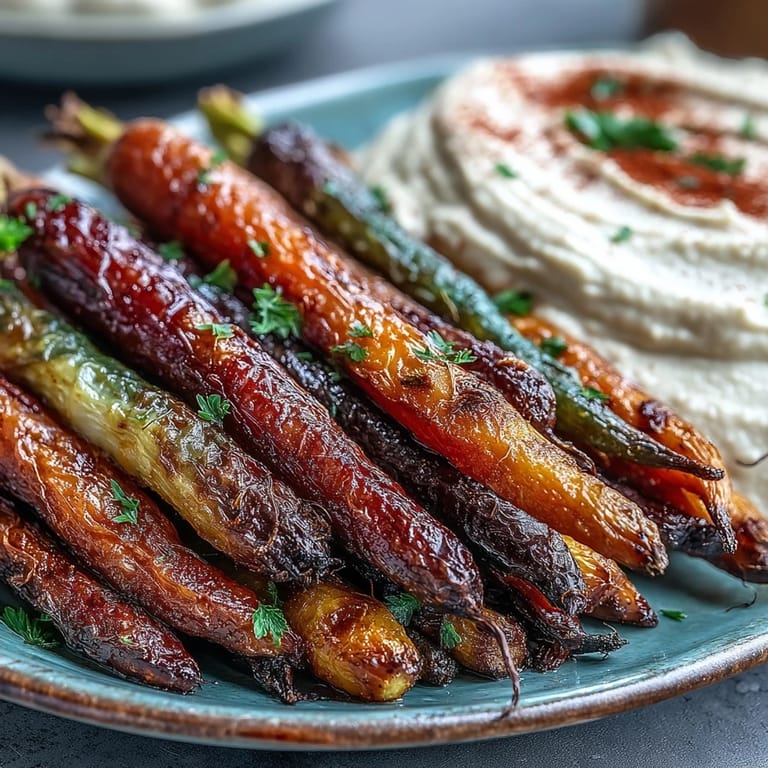 Rainbow carrots roasted to caramelized perfection alongside a smooth, homemade hummus, perfect for a healthy Mediterranean appetizer.