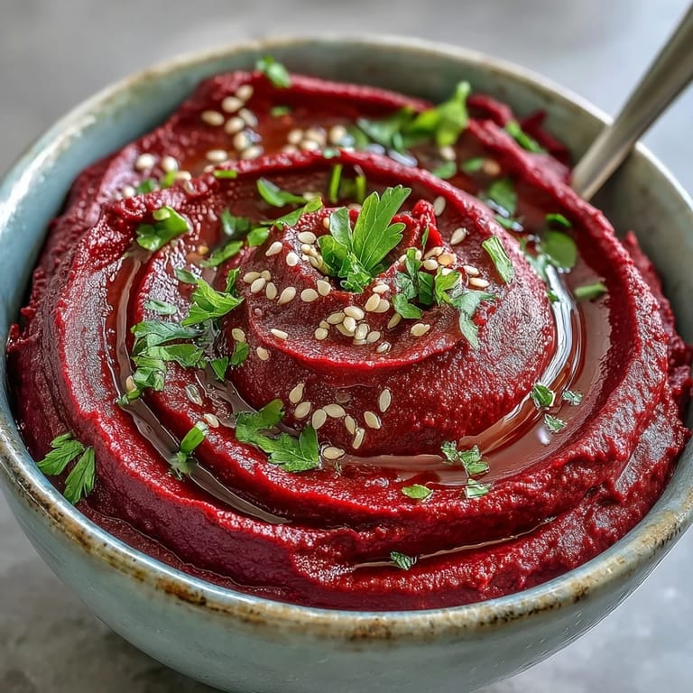 Vibrant pink roasted beet hummus recipe displayed in a serving dish, topped with a drizzle of extra-virgin olive oil and fresh chopped parsley.