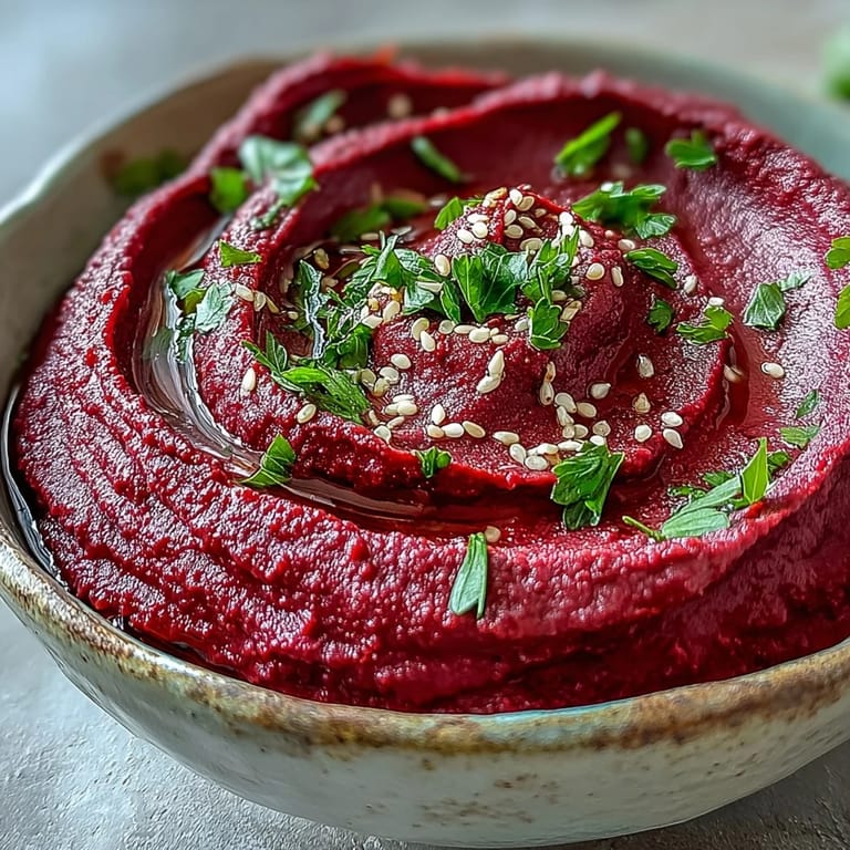 Earthy roasted beet hummus dip ready for dipping, with colorful carrot and cucumber sticks arranged around the bowl for a healthy appetizer platter.