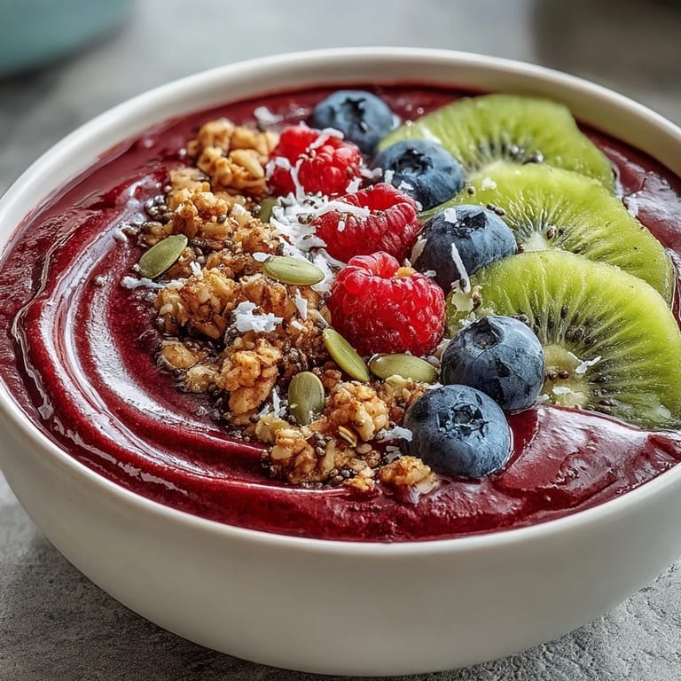 Two vibrant Beet and Berry Smoothie Bowls garnished with fresh berries, coconut, and mint.