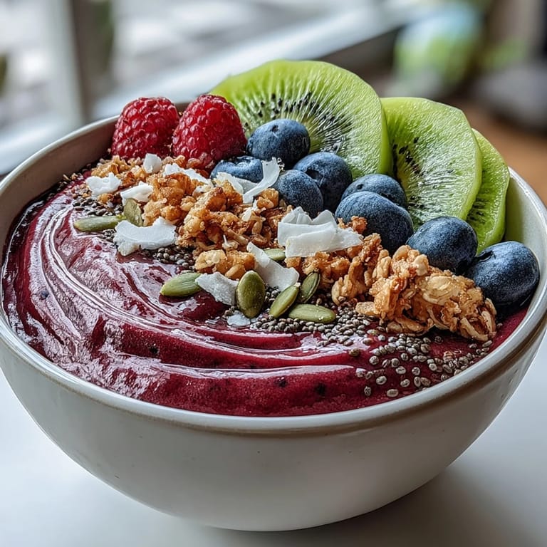 Thick and creamy Beet and Berry Smoothie Bowl featuring kiwi slices and crunchy granola clusters.