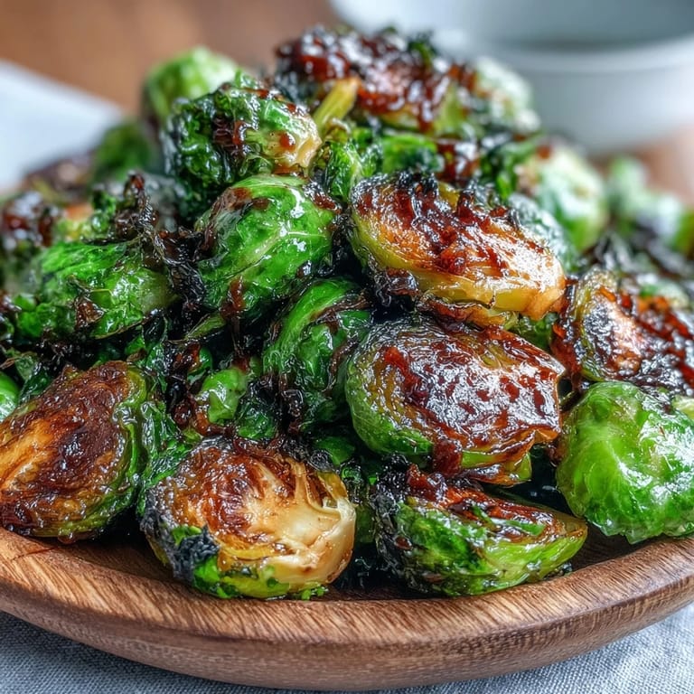 Caramelized Brussels sprouts drizzled with balsamic glaze and garnished with toasted nuts on platter.
