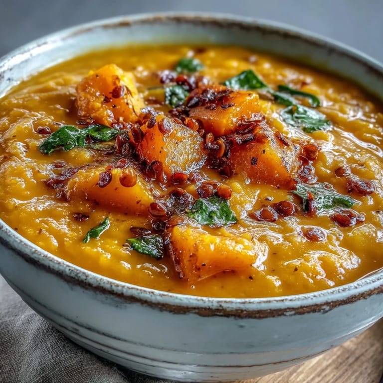 Ingredients for butternut squash and lentil soup prepared on a counter.