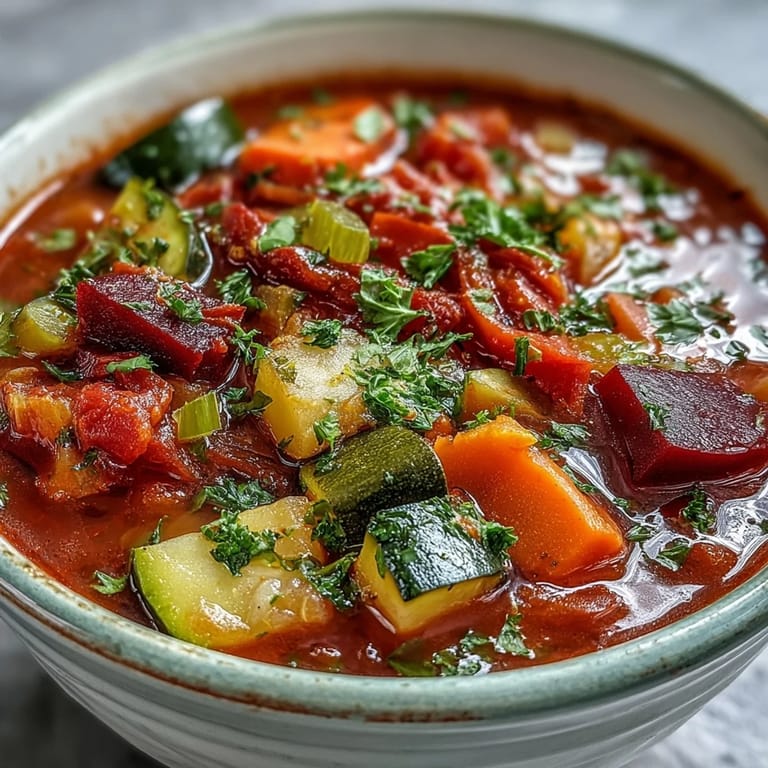 This vibrant Rainbow Vegetable Detox Soup features beetroot, carrots, and zucchini in a rich broth.