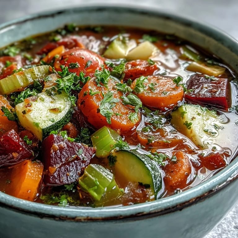 A close-up of ladled Rainbow Vegetable Detox Soup served with crusty bread and fresh herbs.