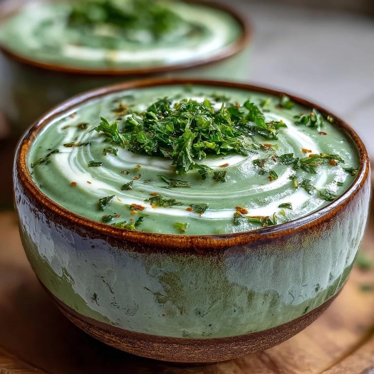 Creamy vegetable soup served in a rustic bowl, with a ladle ready beside a garnish of bright green parsley.