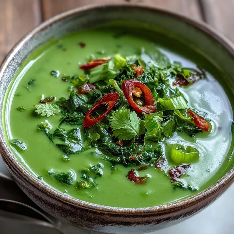A bowl of vibrant green Spinach Coriander Lemongrass Soup next to crusty bread on a rustic wooden table.
