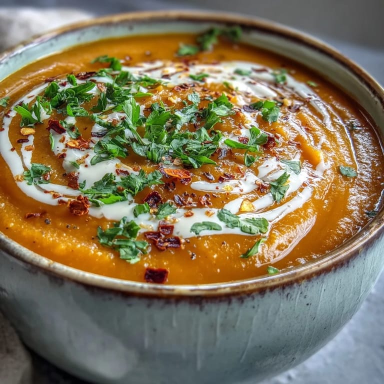 A bowl of vibrant Carrot, Celeriac and Chilli Soup beside crusty gluten-free bread for dipping.  