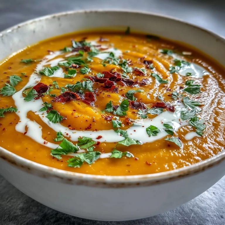 Homemade Carrot, Celeriac and Chilli Soup served warm with a spoon and fresh parsley.