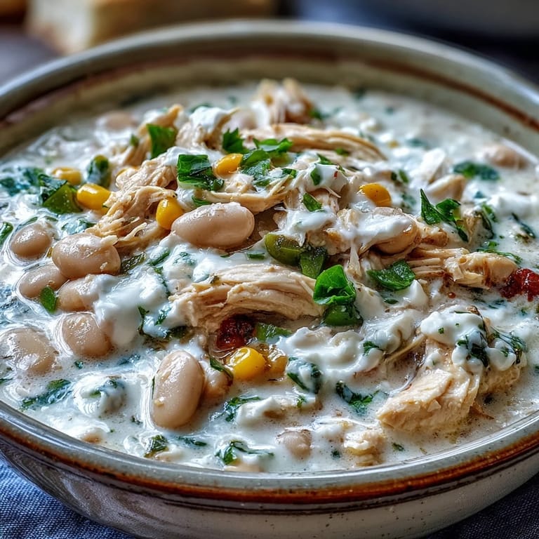 Comforting White Chicken Chili served hot, garnished with fresh cilantro and shredded Monterey Jack.