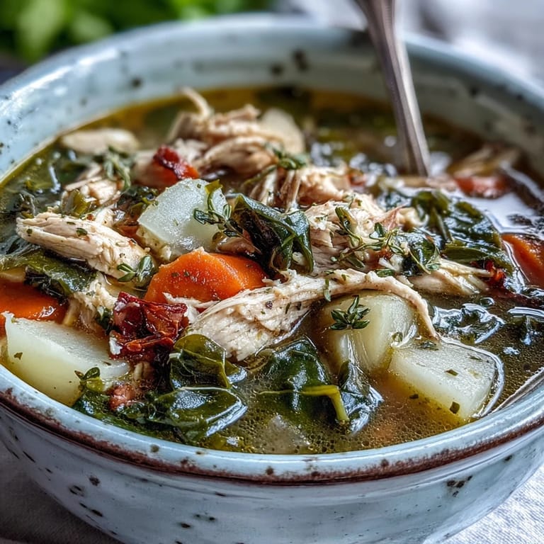 A steaming bowl of Collard Greens, Chicken and Vegetable Soup garnished with fresh herbs, perfect for cozy dinners.  