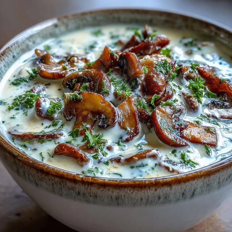 Earthy mushrooms and sautéed onions in a velvety Creamy Mushroom Stroganoff Soup, perfect for cozy evenings. 
