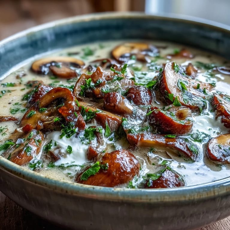 A spoonful of rich Creamy Mushroom Stroganoff Soup lifted from a bowl, showcasing its thick, creamy texture.