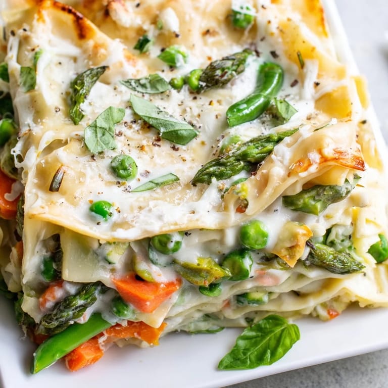 A close-up view of Spring Veggie Alfredo Lasagna showing melted mozzarella, ricotta, and fresh herbs on a plated slice.
