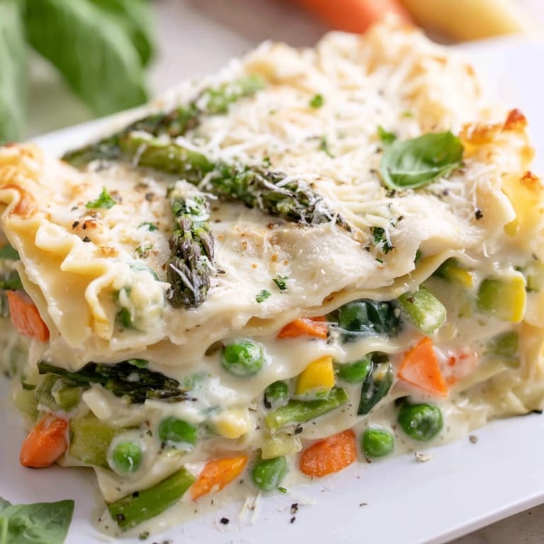Spring Veggie Alfredo Lasagna served warm with a side salad, featuring tender zucchini, carrots, and peas in every bite.