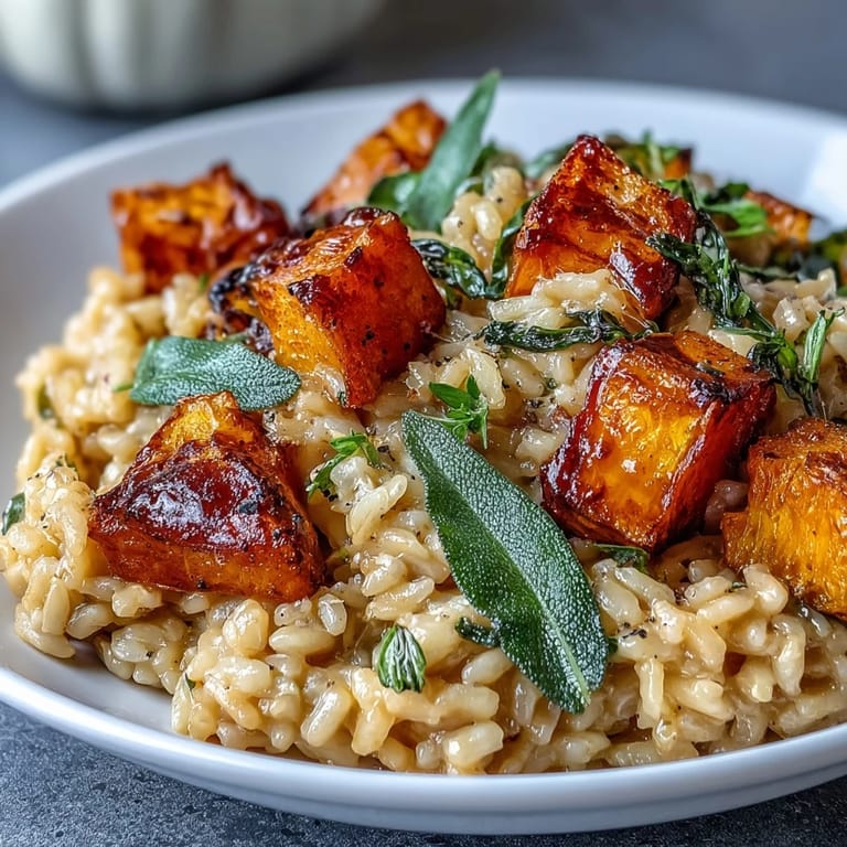 Freshly roasted pumpkin folded into creamy Vegan Pumpkin Risotto, garnished with golden crispy sage and a sprinkle of nutritional yeast.
