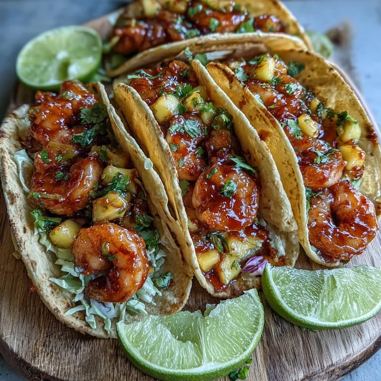 Close-up of Sriracha Shrimp Tacos showing juicy shrimp, mango salsa, and warm corn tortillas for a weeknight dinner.
