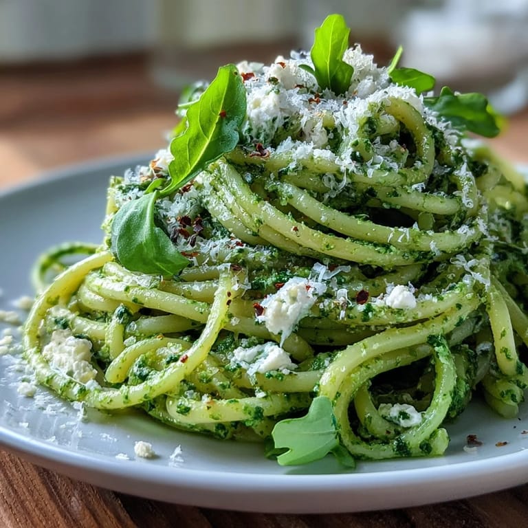Freshly tossed Linguine with Arugula Pesto served warm, topped with extra arugula leaves and a sprinkle of black pepper.