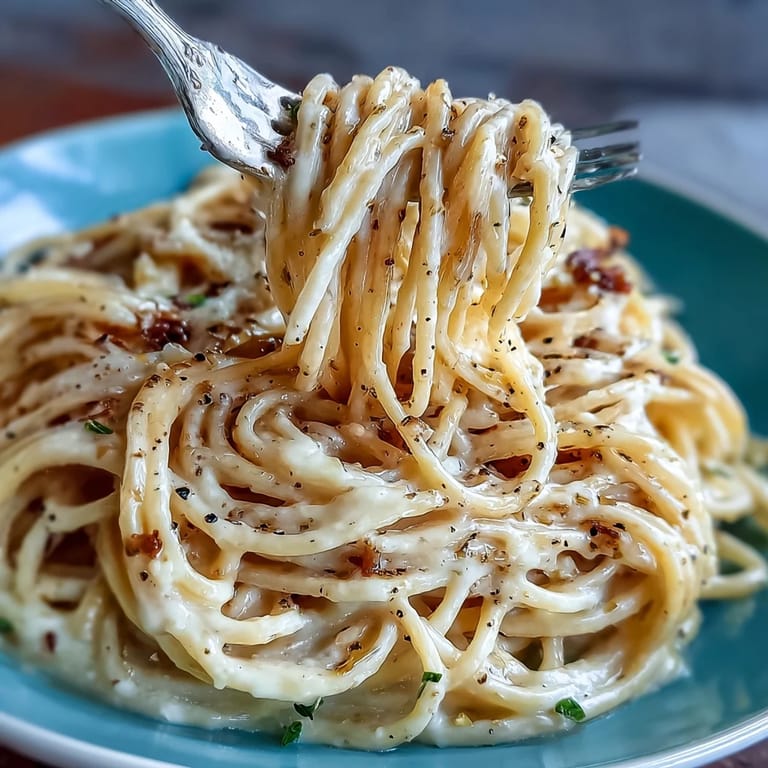 A close-up of classic Cacio e Pepe pasta topped with grated cheese and peppercorns.