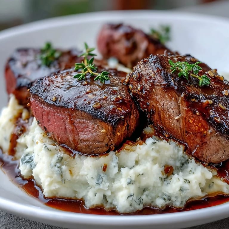 Juicy Venison Steaks with Caraway Crushed Swede topped with melting butter, steam rising from the richly textured mash.