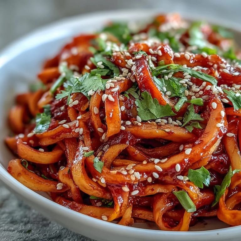 Spicy-sweet gochujang swede noodles garnished with cilantro and sesame seeds, perfect for easy weeknight dinners.