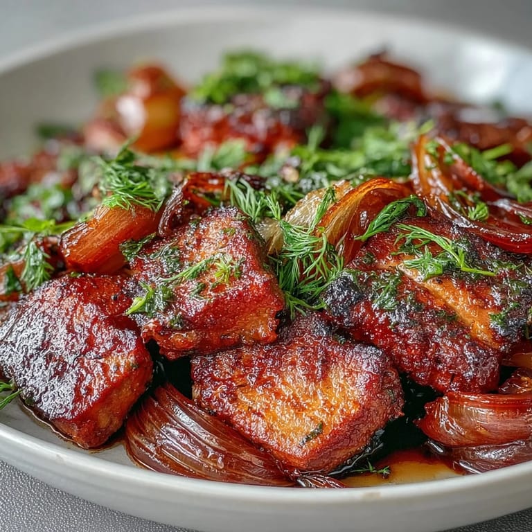 Close-up of golden Pork and Aromatic Rhubarb Traybake with caramelized onions and vibrant pink rhubarb.