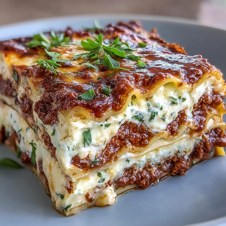 Layers of savory meat sauce, creamy ricotta, and tender pasta noodles are clearly visible in this slice.