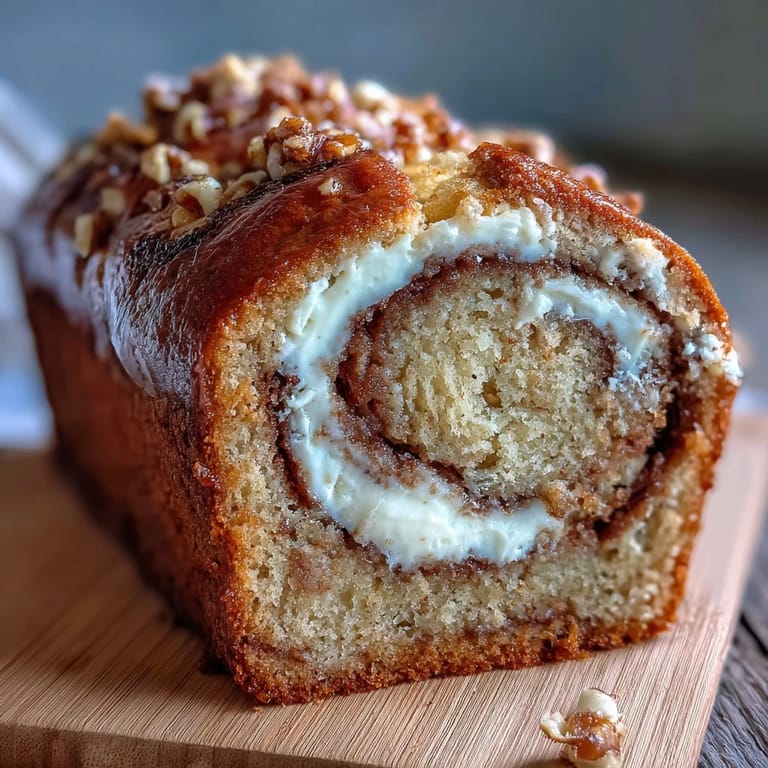 Warm Cream Cheese Cinnamon Swirl Banana Bread loaf on a wooden board with melted butter on top.